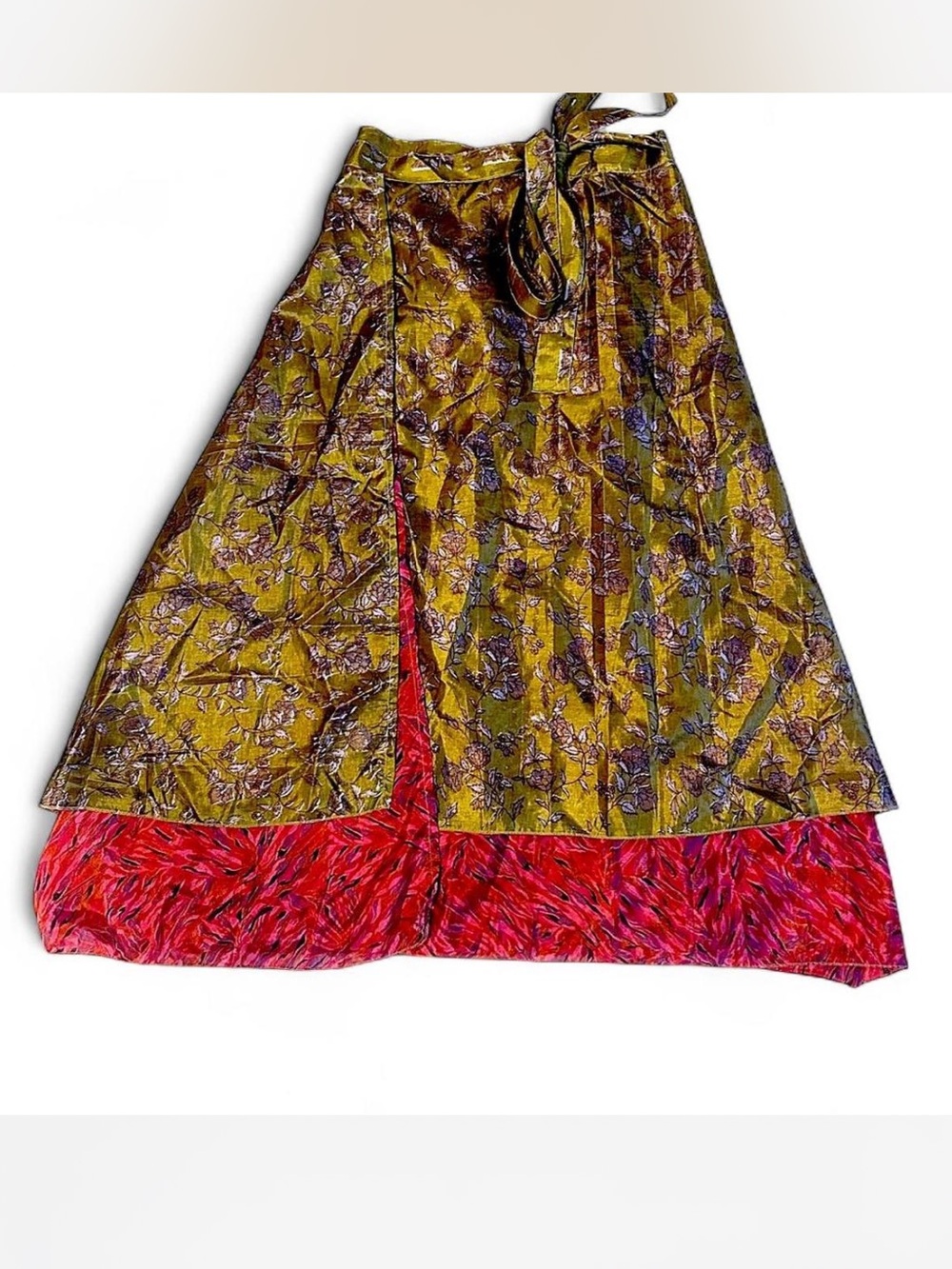 Advance Apparels green and hot pink floral print 100% silk wrap midi skirt nwt